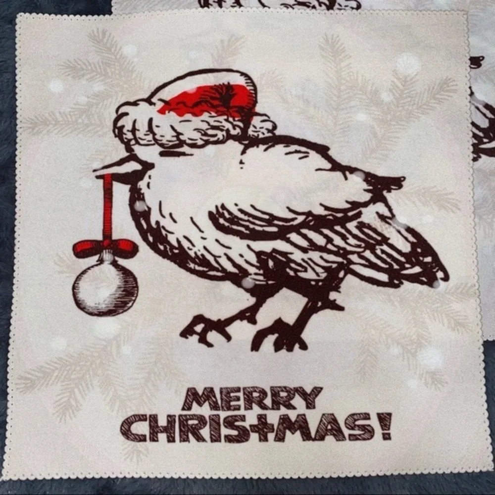 Set of 4 Christmas‎ placemats. 12” square bird with Santa hat